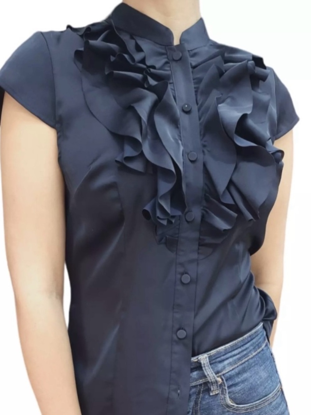 Ann Taylor LOFT Navy Ruffle Front Blouse NWT